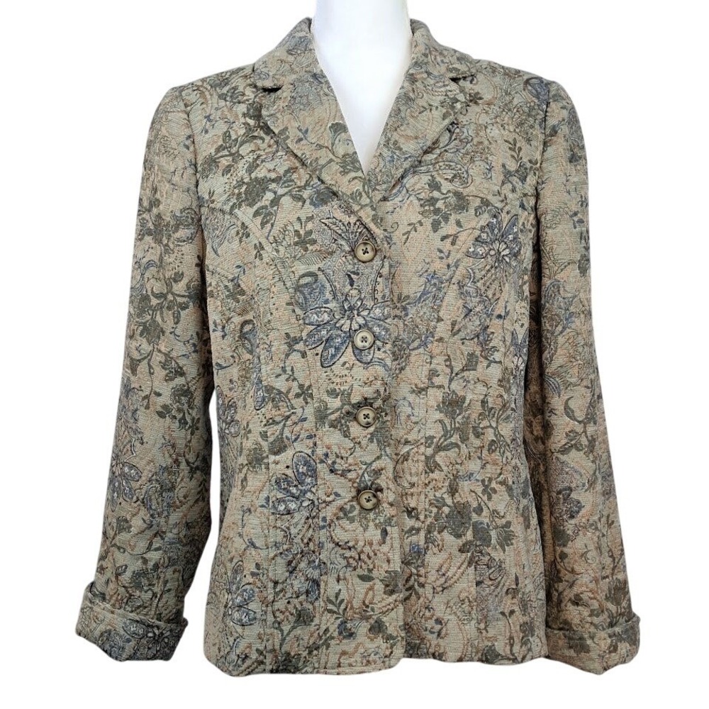 COLDWATER CREEK 12 Fitted Blazer‎ Baroque Floral Tapestry Beige Blue Green